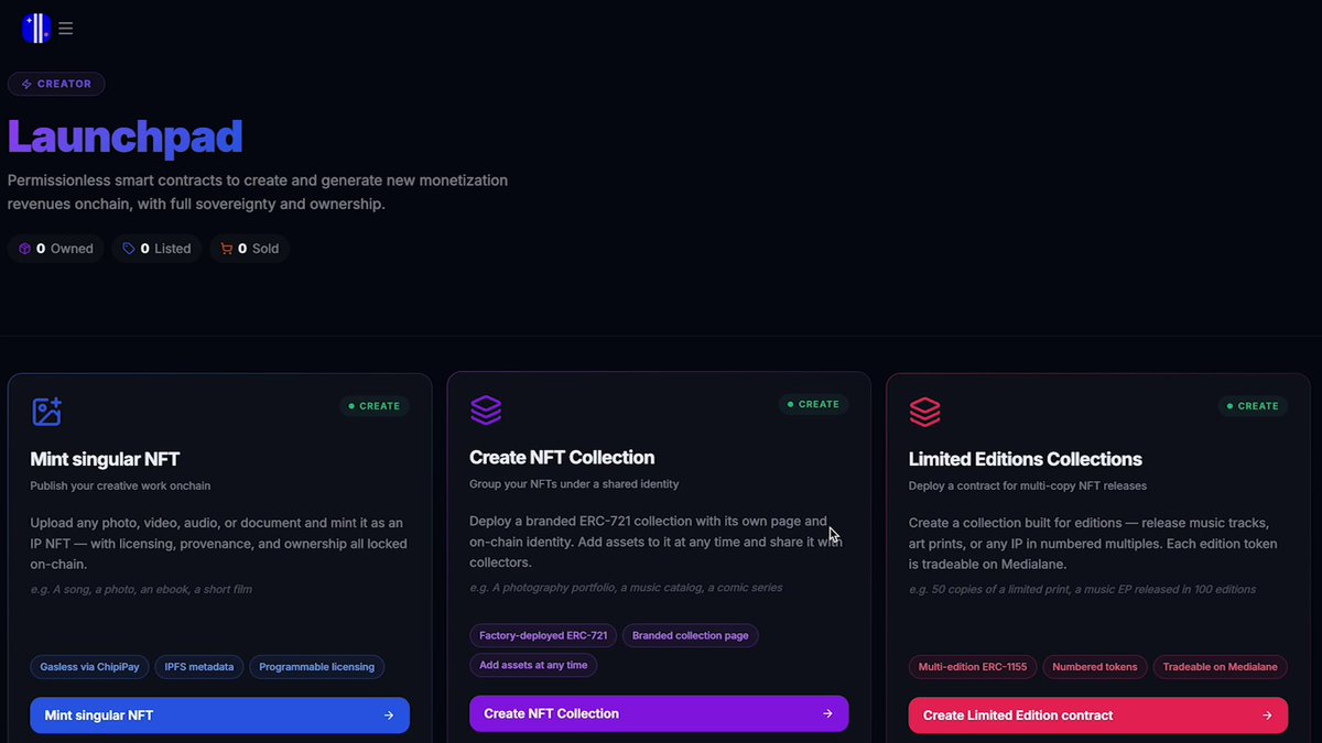 The image features a screenshot of a website called "Launchpad" with a large blue screen divided into three distinct sections displaying various creative collection options available for download, including "Mnaglars TFN", "Mnaglars TFN Collection", and "Limited Edition". The images are of varying sizes and appear to be of different shapes. The website seems to be promoting the launchpad feature and its ability to facilitate easy access to a wide range of creative assets for users, with the intention of removing friction in accessing these items online.