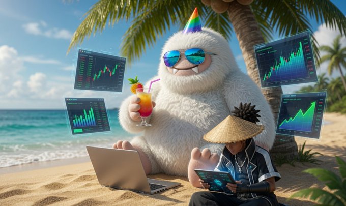 A fluffy white yeti wearing a rainbow party hat and sunglasses enjoys a tropical drink on a beach while trading on a laptop, joined by a person in a conical hat using a tablet, with floating candlestick and bar charts surrounding them—illustrating Bulktrade's accessible, beach-vibes take on building a unified yet open trading experience.