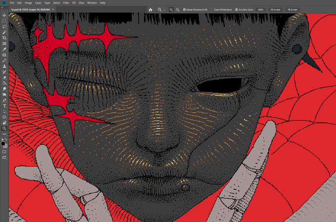 A digital artwork being edited in Photoshop showing a stylized close-up face in dark tones with orange highlights and red web/spider patterns in the background.