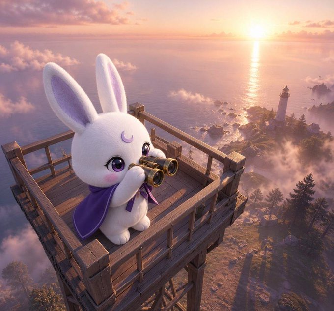 A fluffy white bunny with a crescent moon on its forehead gazes through binoculars from atop a wooden tower overlooking a sunset-lit ocean with a lighthouse. The image's vigilant, forward-looking vibe pairs with the post's question, encouraging others to share which coins they're "watching closest" with keen focus.
