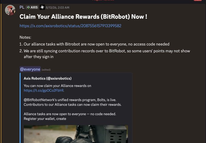 A Discord post in the PL/AXIS channel titled 'Claim Your Alliance Rewards (BitRobot) Now!' with a link to fx.com and details about the BitRobotNetwork's unified rewards program 'Bolts'.