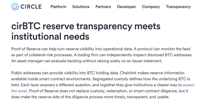 A Circle webpage headline reads 'cirBTC reserve transparency meets institutional needs,' explaining how Proof of Reserve, Chainlink, and segregated custody help institutions assess BTC-backed assets.
