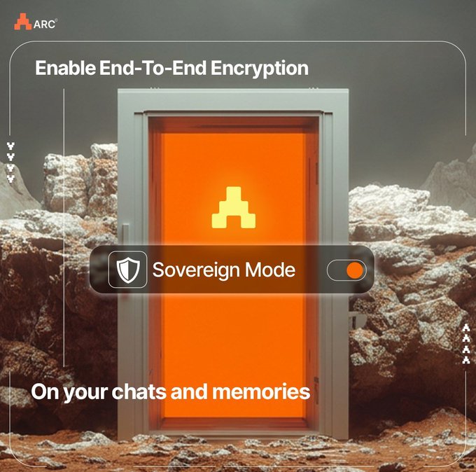 A promotional graphic for ARC featuring an orange door on a rocky landscape with text reading 'Enable End-To-End Encryption', 'Sovereign Mode', and 'On your chats and memories'.
