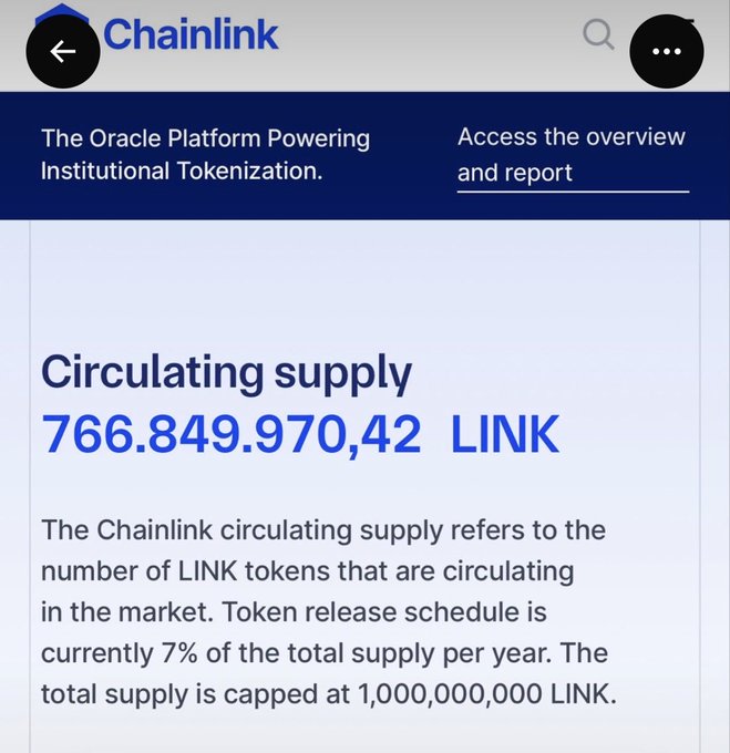 A screenshot of the Chainlink website showing 'Circulating supply 766.849.970,42 LINK', noting the token release schedule is 7% of the total supply per year with a total cap of 1,000,000,000 LINK.