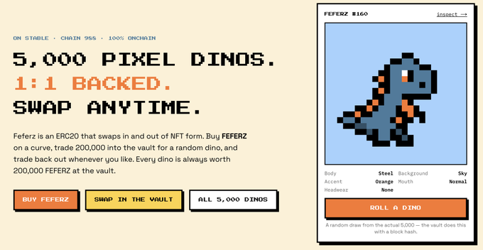 Promotional graphic for FERFZ NFT project advertising '5,000 PIXEL DINOS. 1:1 BACKED. SWAP ANYTIME' with a sample dinosaur card (#160) and buttons for 'BUY FERFZ', 'SWAP IN THE VAULT', and 'ROLL A DINO'.