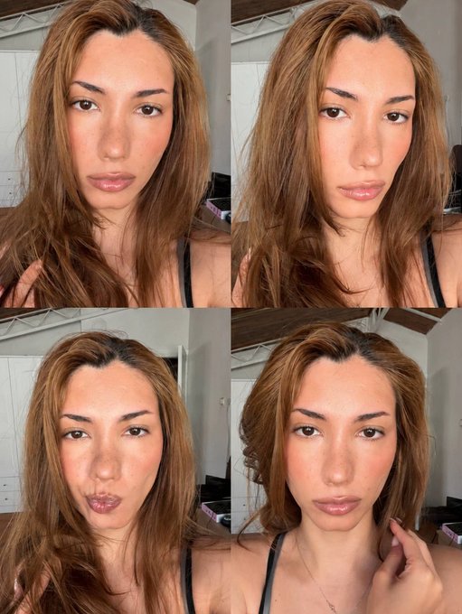 A 2x2 grid of selfies showing a woman with long brown hair in various poses and expressions.