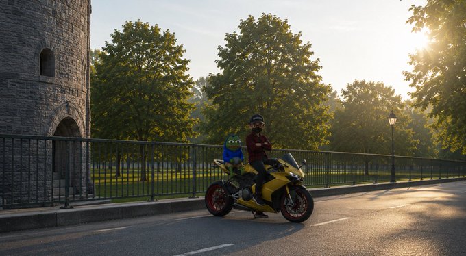 A person riding a yellow motorcycle with a passenger on a tree-lined road, lit by warm sunset light near a stone tower.