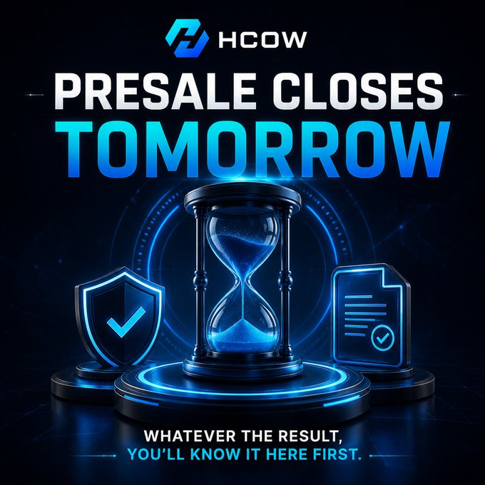 A promotional graphic for 'HCOW' cryptocurrency presale announces 'PRESALE CLOSES TOMORROW' with an hourglass, shield, and document icons, and the tagline 'WHATEVER THE RESULT, YOU'LL KNOW IT HERE FIRST.'