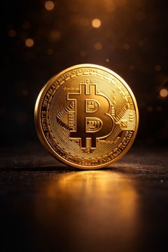 A glowing gold Bitcoin coin stands prominently on a dark surface, illuminated against a backdrop of warm bokeh lights. The image visually reinforces Eric Eric Trump's claim about AI driving massive growth in Bitcoin and crypto, symbolizing the rising value and significance of digital currency.