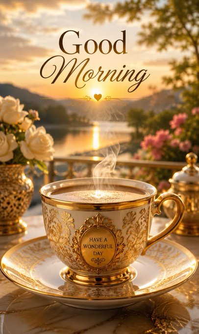 A decorative 'Good Morning' greeting card featuring an ornate gold and white teacup with steam rising, set against a sunrise lake view with white roses and a heart graphic.