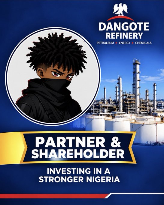 A promotional graphic for Dangote Refinery featuring an illustrated character with a black mask, with text reading 'PARTNER & SHAREHOLDER' and 'INVESTING IN A STRONGER NIGERIA'.
