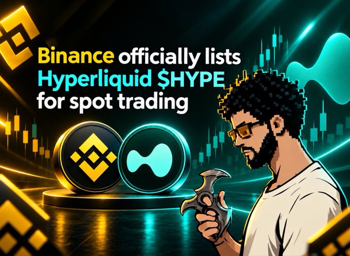 A promotional graphic reading 'Binance officially lists Hyperliquid $HYPE for spot trading', featuring a pixel-art man holding a shuriken next to the Binance and Hyperliquid logos.