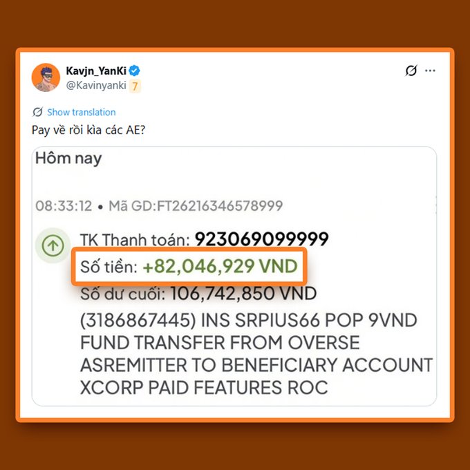 A tweet from Kavin_YanKi (@Kavinyanki) showing a bank transaction screenshot in Vietnamese, displaying a payment of +82,046,929 VND to account 923069099999.