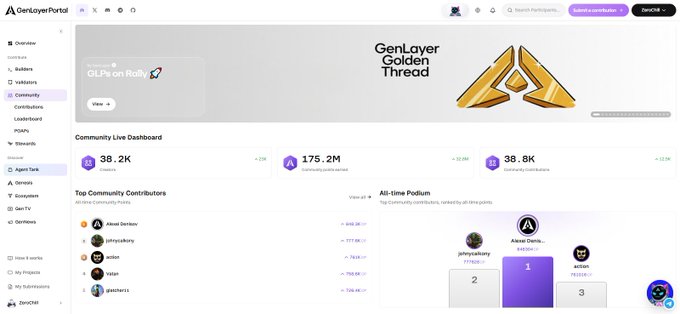 A screenshot of the OneLayer Portal dashboard highlights the 'GenLayer Golden Thread' community event, showing 38.2K participants and 175.2M contributions.