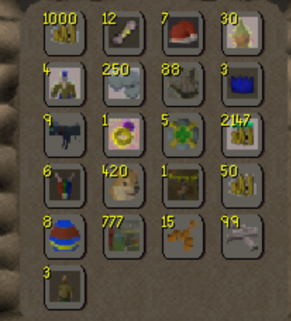 A screenshot of a RuneScape inventory interface showing various game items with quantities including coins (1000), a ring (12), a red cape (7), a shell (30), armor (4), bones (250), and other items totaling 2117 noted items.