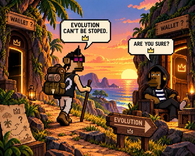 A pixel art illustration showing a traveler with a backpack saying 'EVOLUTION CAN'T BE STOPPED.' to a seated figure asking 'ARE YOU SURE?' near 'WALLET?' doors and an 'EVOLUTION' sign, set against a tropical sunset.