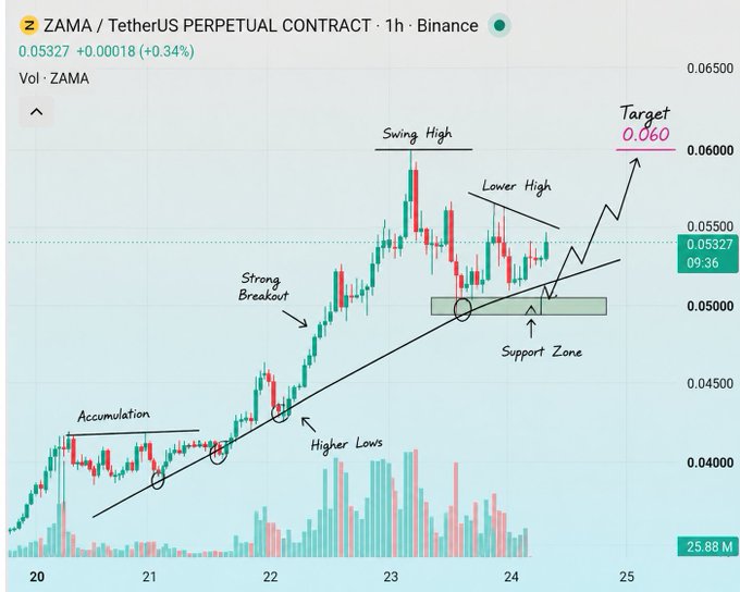 A Binance 1-hour candlestick chart for ZAMA/USDT Perpetual Contract (priced at $0.05327, +0.34%) annotated with technical analysis markings including "Accumulation," "Higher Lows," "Strong Breakout," "Swing High," "Lower High," "Support Zone," and a projected "Target 0.060," visually reinforcing the post's bullish call that the prior $0.05 target was hit and a new $0.06 target is in play.