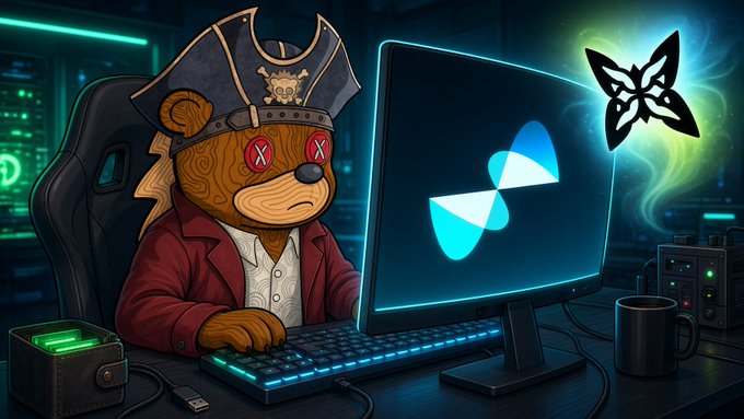 A pirate teddy bear with X-marked eyes wears a tricorne hat while sitting at a glowing computer displaying a blue butterfly-like logo, surrounded by servers and tech gear, visually echoing the post's theme of a digital pirate safeguarding crypto wallet keys rather than chasing NFTs.