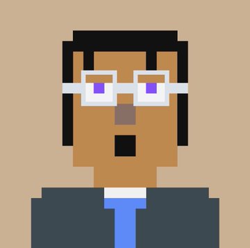 A pixel art portrait of a person with brown skin, black hair, white glasses with purple lenses, and a dark suit with a blue tie against a tan background.