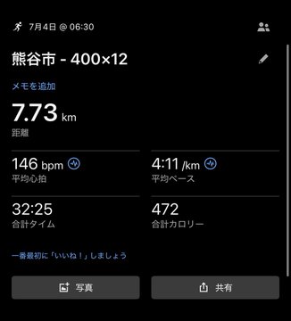 A fitness tracking app summary dated July 4th at 06:30 showing a 7.73 km run with 146 bpm average heart rate, 4:11/km pace, 32:25 total time, and 472 total calories.