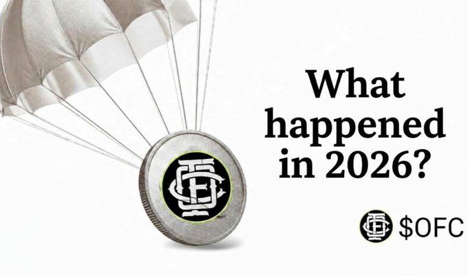 A graphic featuring a silver coin with a '$OFC' logo attached to a deployed white parachute against a light background, accompanied by the text 'What happened in 2026?' and the '$OFC' token logo.