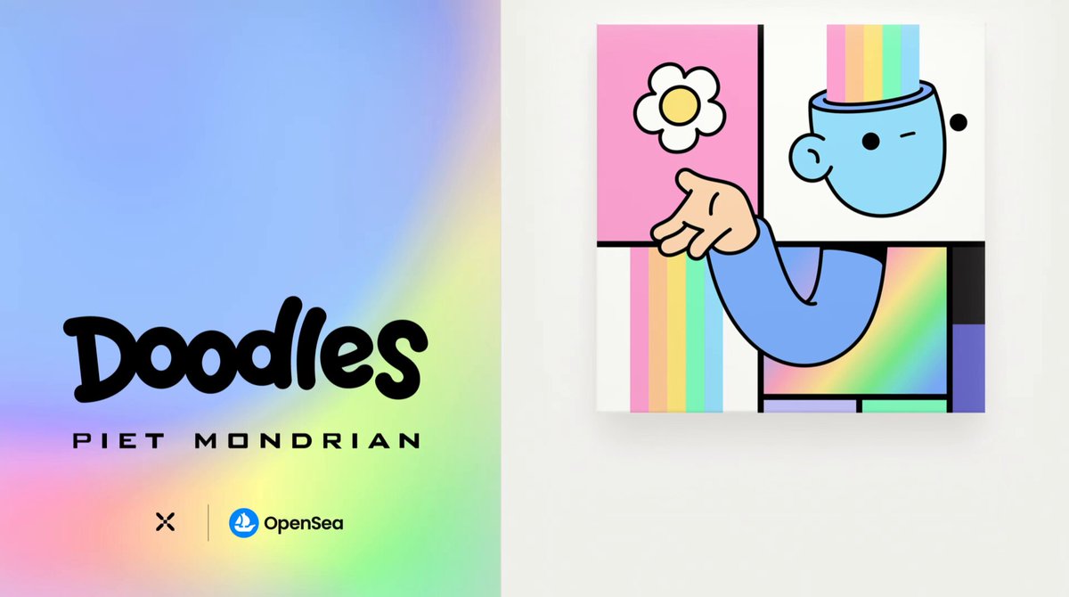 The image features a poster for an art exhibition called "Doodles" by Piet Mondrian, which showcases his iconic artwork. The poster includes a colorful illustration of a cartoon character holding a cup with a flower design. The text on the poster reads "Doodles" and "Piet Mondrian", indicating that this is an exhibition dedicated to the artist's work. The poster also mentions that the exhibition will be held at the "Museum of Modern Art" in June, which is a collaboration between OpenSea and @Doodles. The image includes a watermark that reads "@Opensea".