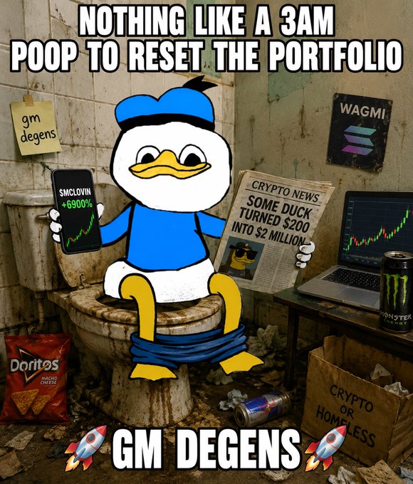 A meme image showing Donald Duck sitting on a toilet in a dirty bathroom reading crypto news, with text 'NOTHING LIKE A 3AM POOP TO RESET THE PORTFOLIO', 'GM DEGENS', and '$MOLOVIN +6900%'.