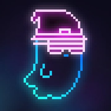 Pixel art illustration of a cyberpunk-styled character with a glowing pink and purple visor and cyan outlines against a dark blue background.