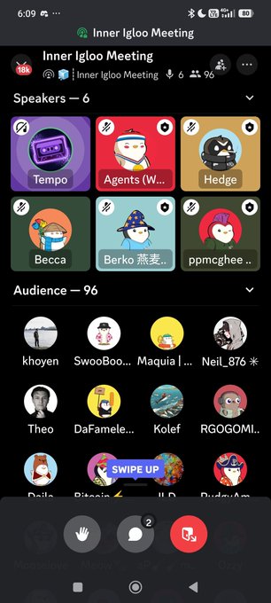 A screenshot of a 'Inner Igloo Meeting' app on a phone, showing speakers like Tempo, Agents (W...), Hedge, Becca, Berko, and ppmcghee, along with an audience section.