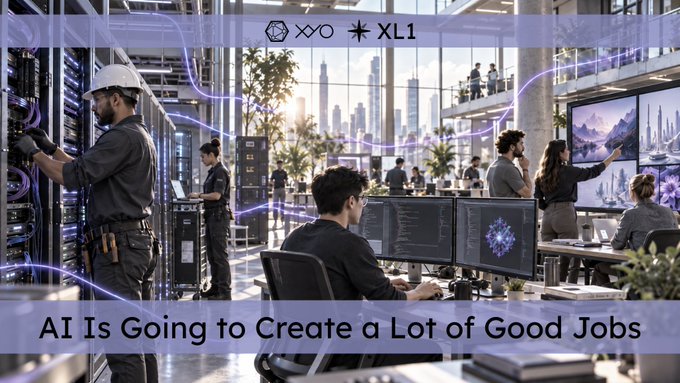 An AI-generated image of a modern tech workspace with servers, developers, and data visualizations, overlaid with "AI Is Going to Create a Lot of Good Jobs."