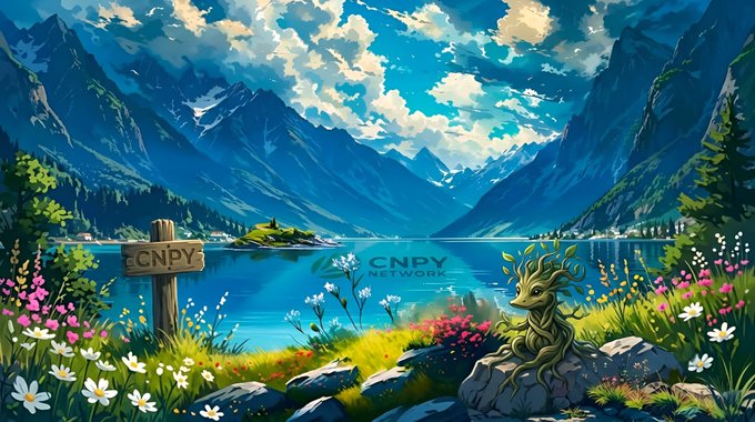 A vibrant digital artwork of a mountain lake landscape with a wooden sign reading 'CNPY', colorful wildflowers, and a mystical deer-like creature with antlers made of twisted branches, with 'CNPY NETWORK' watermark.