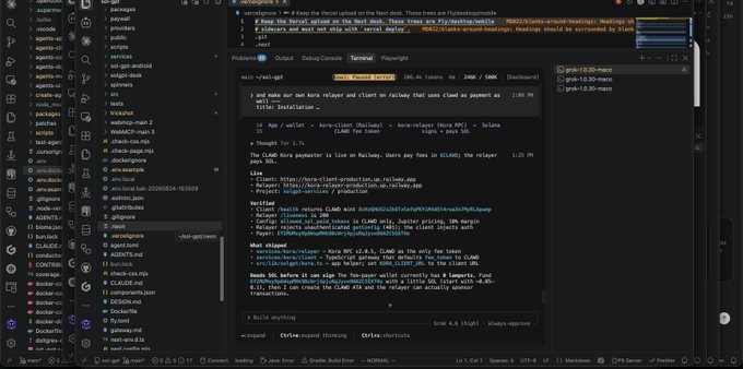 A dark-themed code editor interface, likely VS Code, showing a terminal with build outputs related to a "Kora-Server" and code for a "relayer and client on Railway."
