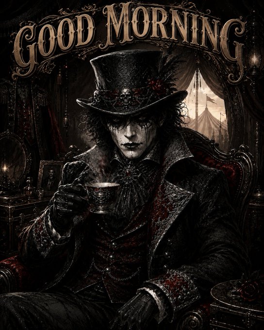 A gothic dark fantasy illustration with the text 'GOOD MORNING' at the top, depicting a pale, skull-decorated figure in a top hat holding a steaming cup.