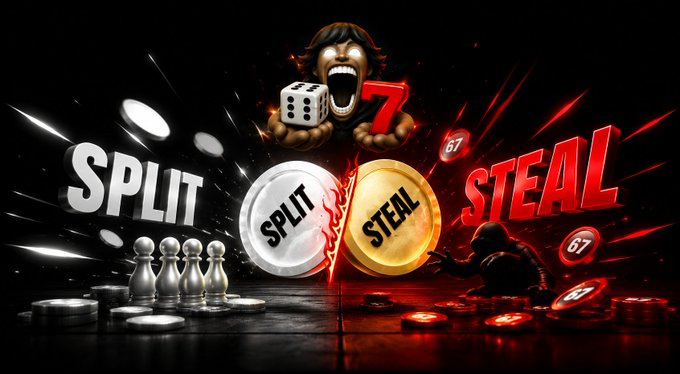 A dramatic 3D illustration of a split coin with 'SPLIT' on the silver side and 'STEAL' on the gold side, with a screaming face and dice above, set against black and red backgrounds with chess pieces and a hooded figure.