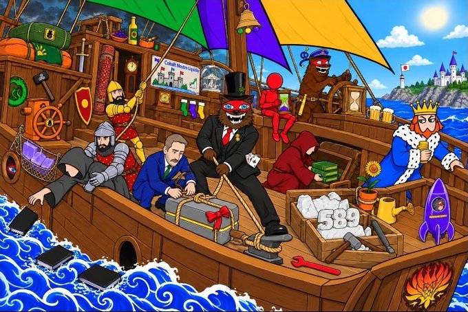 A colorful cartoon pirate ship crowded with a top-hatted bear captain and other fantastical characters sails past a coastal castle. A crate marked “$589” sits aboard, while the accompanying post links the ship metaphor—black books thrown overboard—to “JAPAN STOCKS UNDER PRESSURE” and speculation involving $XRP, $XRPL, and $BEAR.