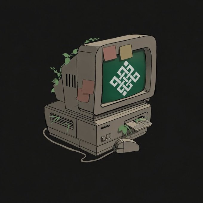 A digital illustration of a vintage computer with a CRT monitor displaying a green knot-like symbol, overgrown with vines and decorated with sticky notes.