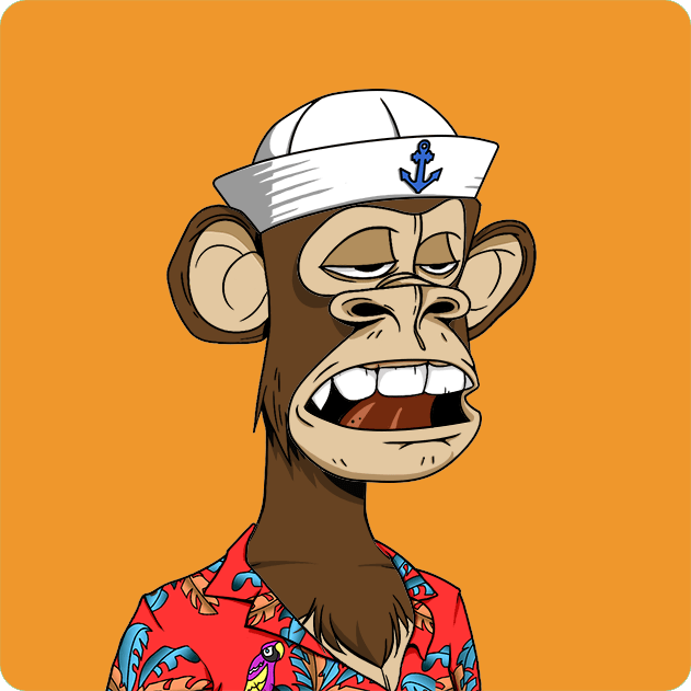 A cartoon NFT-style Bored Ape character wearing a sailor hat with an anchor and a red tropical shirt against an orange background.