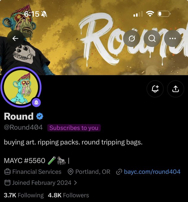 The image shows an X (Twitter) profile for "Round" (@Round404), a verified account with a Bored Ape-style avatar, bio reading "buying art. ripping packs. round tripping bags," 4.8K followers, and listed in Financial Services from Portland, OR. The accompanying post celebrates this new follower as "another ape" welcomed to the tribe, tying in with the profile's NFT/monkey mascot imagery.