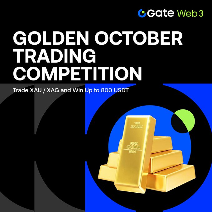 A promotional banner for Gate Web3's "Golden October Trading Competition" featuring a stack of gold bars against a black and blue circular background, advertising up to 800 USDT prizes for trading XAU/XAG perpetual contracts with a 10,000 USDT total prize pool.