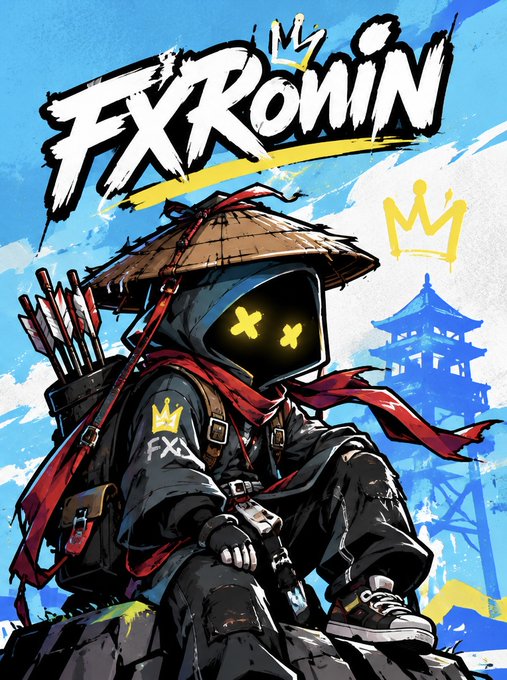 Artwork featuring the 'FXRonin' logo with a ninja-style character wearing a straw hat and a mask with yellow X eyes, carrying arrows on their back, set against a blue sky background with a pagoda silhouette.