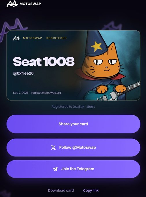 A MotoSwap registration confirmation card for user "Seat1008" (@0xfree20), registered on Sep 7, 2026, showing a wizard cat illustration and options to share, follow @Motoswap, or join Telegram. The image visually confirms successful early registration for MotoSwap Season 1 as announced in the accompanying post.