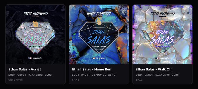Three digital trading cards from the 2024 Uncut Diamonds Gems collection featuring baseball player Ethan Salas, displaying his "Assist" (Uncommon), "Home Run" (Rare), and "Walk Off" (Epic) achievements in blue and crystal-themed designs, suggesting the team has been closely tracking this rising prospect.