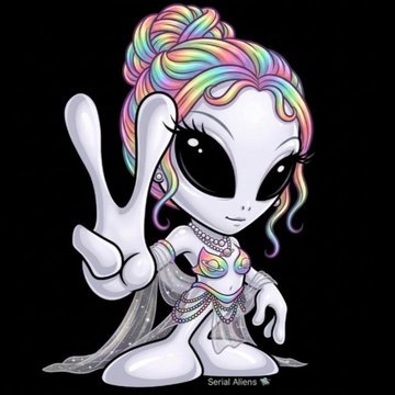 A stylized white alien character with oversized black eyes, rainbow-styled hair, jewelry, and a raised peace sign appears against a black background. The artwork relates to the pinned Serial Aliens collection listing featuring unique 1:1 editions of ANIMa.l.i.e.n.s® fp. 7 and META.l.i.e.n.s® fp. 5; “Serial Aliens” is also signed near the bottom.