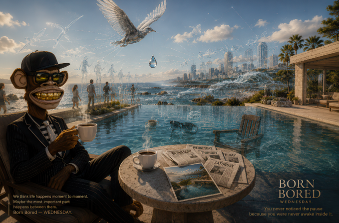 A stylish animated monkey in sunglasses and a suit sips coffee by a luxurious infinity pool overlooking a cityscape, while a dove carries a water droplet above newspapers marked Wednesday through Saturday, featuring the slogan "BORN BORED" and text stating "We think life happens moment to moment. Maybe the most important part happens between them. Born Bored — WEDNESDAY."

The image's "Born Bored" theme cleverly reinforces the post's call to abandon passivity and embrace head-down momentum on a Wednesday in Web3, suggesting that the most meaningful opportunities—like minting NFTs or building campaigns—happen in the moments between life's monotony.