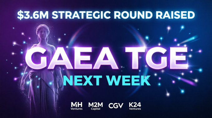 Promotional graphic announcing a '$3.6M STRATEGIC ROUND RAISED' for 'GAEA TGE NEXT WEEK', featuring a classical statue and logos for MH Ventures, M2M Capital, CGV, and K24 Ventures.