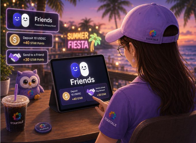 AI-generated artwork showing a girl in a Startale cap using a tablet displaying a 'Friends' app with 'Summer Fiesta' theme, featuring deposit and send-to-a-friend rewards.
