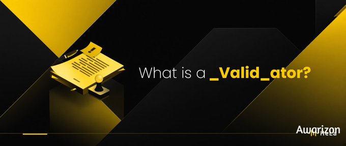 A dark-themed graphic with gold accents asking 'What is a _Valid_ator?' featuring a golden anvil-like icon and 'Awarizone keep' branding.