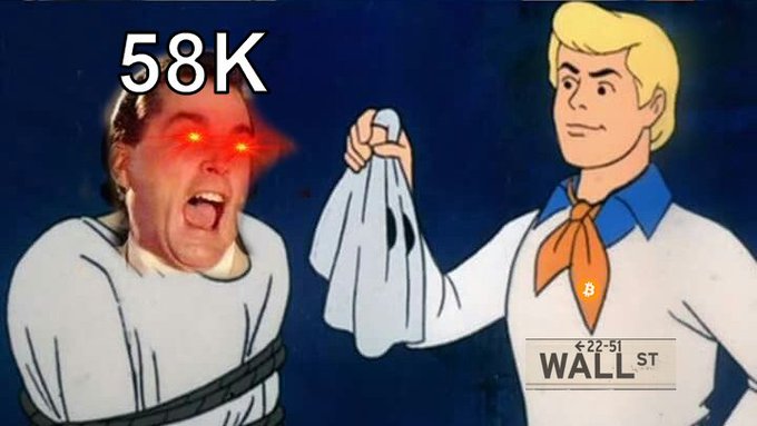 The image is a meme combining a scene of a screaming man with glowing red eyes being restrained, alongside Fred Jones from Scooby-Doo holding up a mask, with "58K" displayed above. A "Wall St" street sign is shown, visually representing the post's message about Bitcoin (BTC) reaching the 58K price milestone on Wall Street.