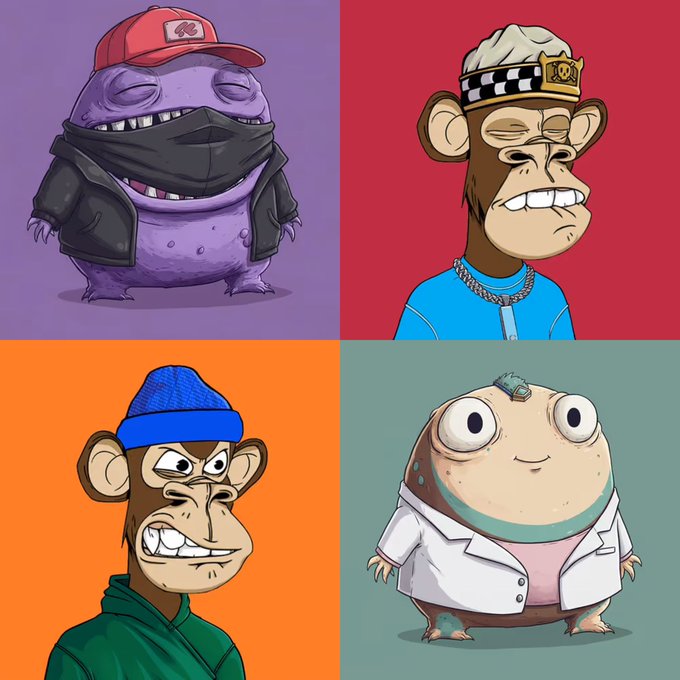 Four cartoon NFT-style characters are displayed in a grid: a purple creature in a cap and jacket, a monkey in a checkered headband, a monkey in a blue beanie, and a round creature in a lab coat.