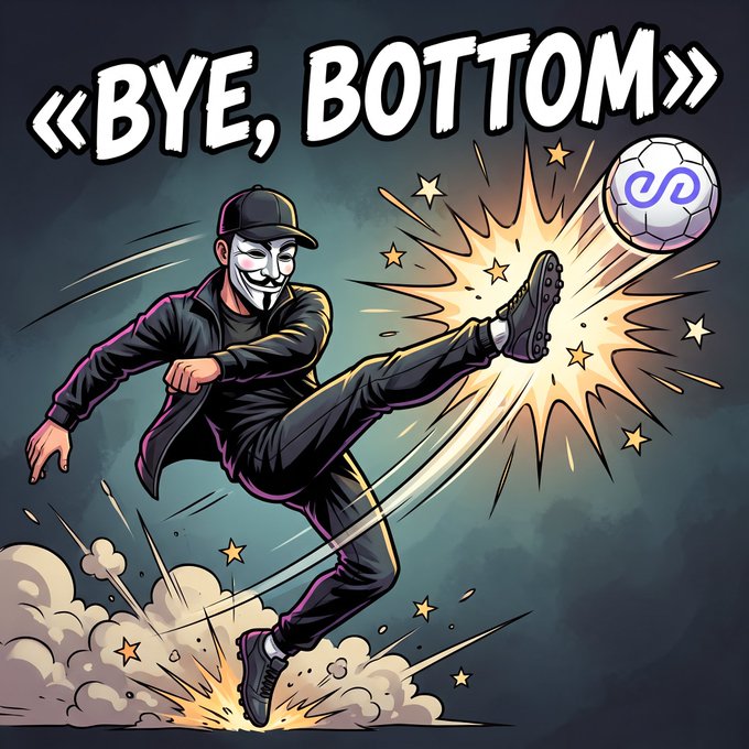 A cartoon character wearing a cap, jacket, and a Guy Fawkes mask executes a powerful high kick that sends a soccer ball—marked with the Peaq (PEAQ) logo—flying away in a burst of impact lines, under the bold text "«BYE, BOTTOM»."

The image visually echoes the post's theme of cutting losses and moving on—kicking the "bottom" (the asset sitting at its low) goodbye—mirroring the decision to stop holding Peaq and recoup what remains.